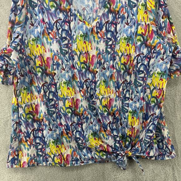 SNOSKINS Top Womens XL Blue Stretch Tie Hem V- Neck Elbow Sleeve Art to Wear - Picture 4 of 13